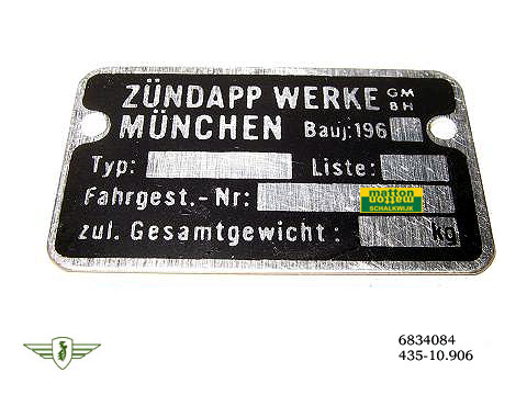 6834084 9002 Frame model plate Zundapp 1960