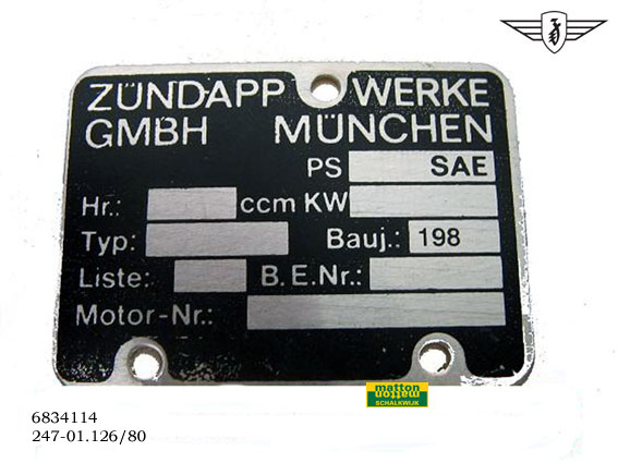 6834114 9002 Motorblok typeplaatje 1980 Zundapp